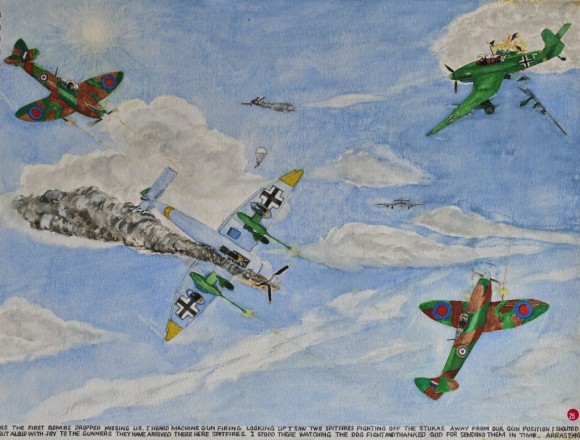 As the first bombers dropped missing us, I heard machine gun firing.  Looking up I saw two spitfires fighting off the Stukas away from our gun position.  I shouted out aloud with joy to the gunners, “They have arrived, there are spitfires.”  I stood there watching the dog fight and thanked God for sending them in time.  Arras 1940.