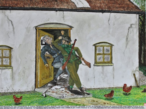 Returning to the farmhouse I threw the white flags inside.  The Belgium soldier yelling at me in Flemish, picking up some flags and threw them in my face, saying “Piss off my land.”  As he came to the door I snatched his rifle away and threw a left hook punch to his jaw, knocking him out.  I broke his rifle in half. Vlamertinghe.