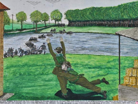 We were ordered to dismount and take cover during the heaviest bombing yet.  Joe and I took cover under bales of hay.  After 20 minutes I went back for my rifle and found that the troop has left.   “Joe!”  I shouted, “they have gone.  The Jerries are crossing the canal.”  Joe raised his arms to surrender. “No.” And dived at his legs.	Ypres Canal 28th May 1940.