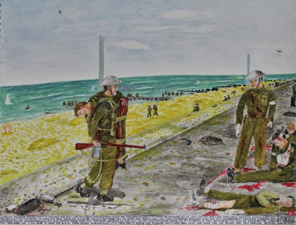 Carrying the other soldier over to the first aid post, the M.O. made arrangements to get the stretcher bearers to carry the other one out.  As I left the pillbox I saw some early morning risers starting to queue up in the sea waiting for ships to come and take them off Dunkirk beach.  But there were no ships, only shells falling from the German artillery guns and two Messerschmitt machine gunning the lads.  The M.O. was glaring at me scornfully.  “Put him down there and put this first aid band on and get rid of your rifle and ammo.  It’s not allowed to have arms here.  You will be assisting me.  “I am not wearing any arm band, Sir.  I am here to save the B.E.F. from being slaughtered.  It’s your job to nurse the wounded and to keep them alive.  That’s what you get paid for as a Medical Officer.”				June 22nd 1940.